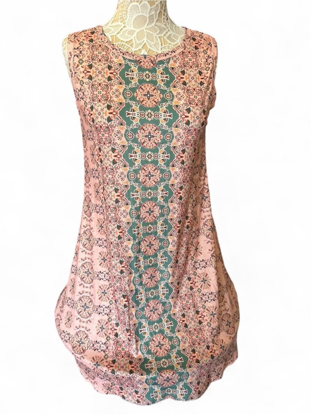 Sleeveless Pink & Green Printed A-Line Dress